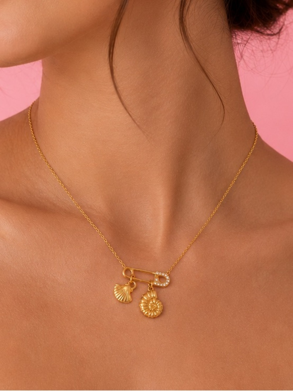 Gold Seashell Charm Safety Pin Dainty Beach Necklace